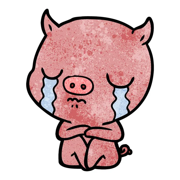 Desenho Animado Sentado Porco Chorando — Vetor de Stock