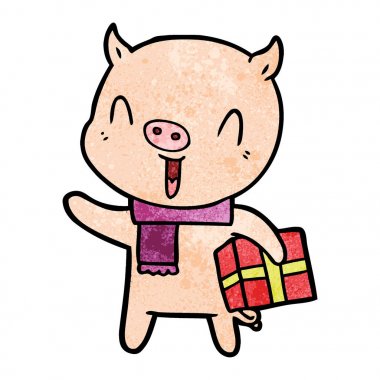 xmas hediye ile mutlu karikatür domuz