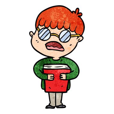 çizgi film çocuk gözlük takıyor kitap sarılma