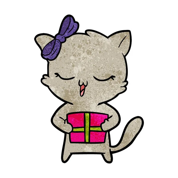 Cartoon Girl Cat Christmas Present — Stock Vector