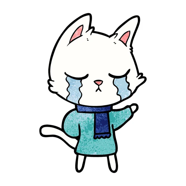 Crying Cartoon Cat Wearing Winter Clothes — Stock Vector