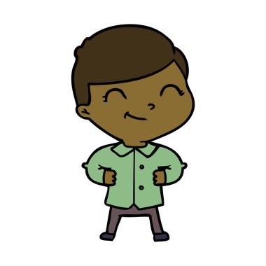 Kalçasında elleri olan çizgi film çocuğu.