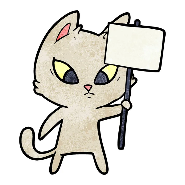 Confuso Desenho Animado Gato Com Sinal Protesto —  Vetores de Stock