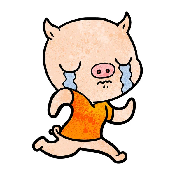 Cartoon Pig Crying Running Away — Stock Vector