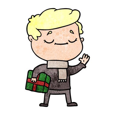 Noel hediyesi sallayarak taşıyan çizgi film adam