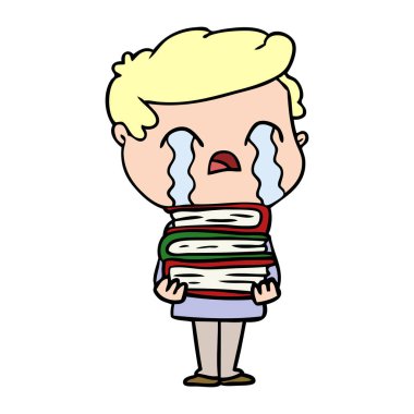 kitap yığını üzerinden ağlıyor çizgi film adam