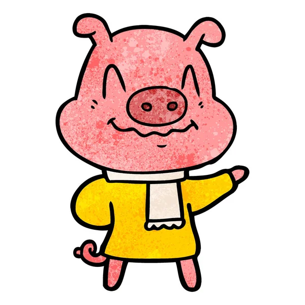 Nerveux Dessin Animé Porc Portant Écharpe — Image vectorielle
