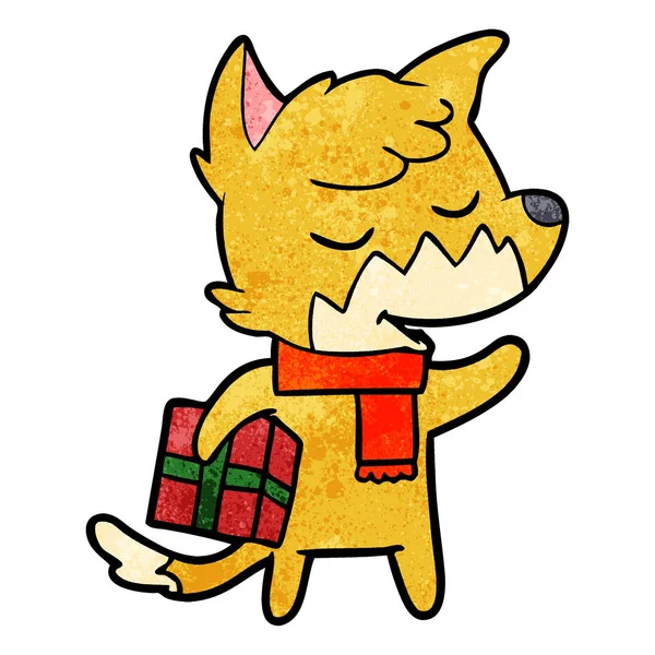 Vriendelijke Cartoon Fox Met Kerstcadeau — Stockvector