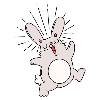 Geleneksel dövme tarzı hoplayıp zıplayan bir tavşanın resmi.