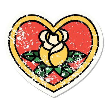 Geleneksel kalp ve çiçek stili dövmeli sıkıntılı etiket