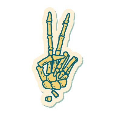 Geleneksel stil dövmeli bir iskelet barış işareti veriyor. 