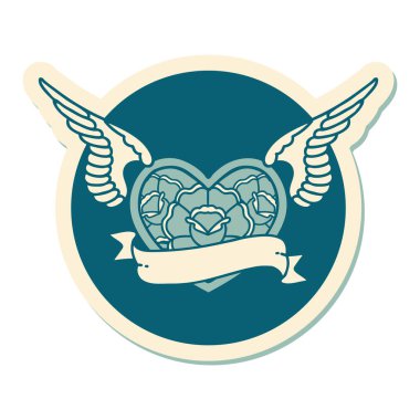 Geleneksel bir dövme stili. Çiçek ve bayrak taşıyan uçan kalp stili.