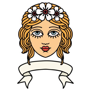 Geleneksel dövmeli kadın yüzü ve çiçek tacıyla