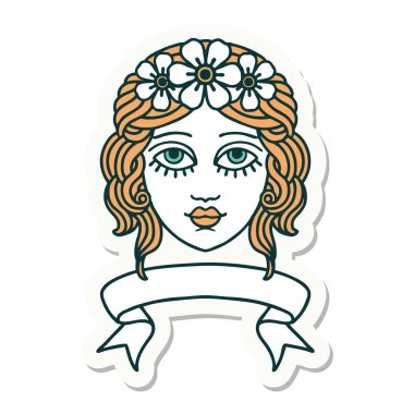 Dövme stili çıkartma. Çiçekten taç takan kadın yüzü.