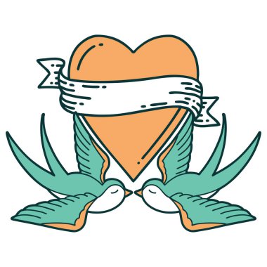 Kırlangıçların ikonik dövme şekli ve sancaklı bir kalp.