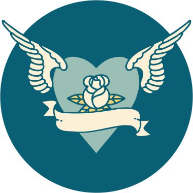 ikonik dövme stili kanatlı kalp görüntüsü bir gül ve bayrak