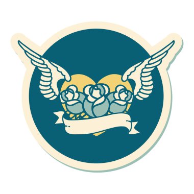 Geleneksel bir dövme stili. Çiçek ve bayrak taşıyan uçan kalp stili.