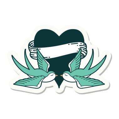 Geleneksel kırlangıç stili dövme çıkartması ve sancaklı bir kalp