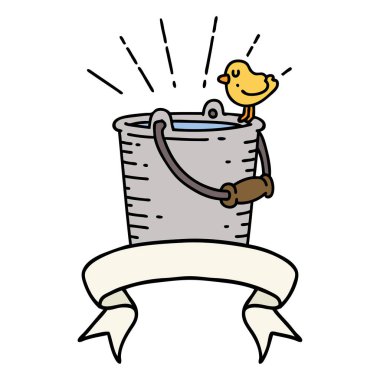 Dövme stili kuş dövmeli parşömen. Su kovasına tünemiş.