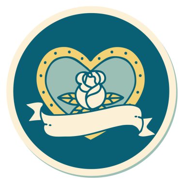 Dövme çıkartması geleneksel tarz bir kalp gülü ve bayrağı 