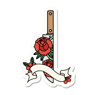 Hançer ve çiçek pankartlı dövme stili