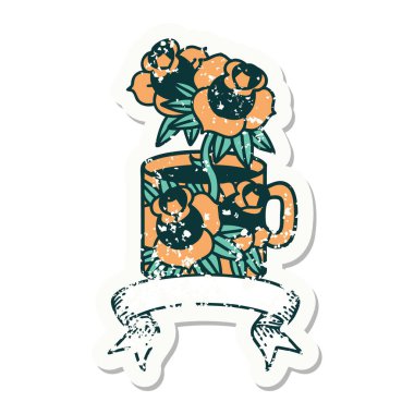 Bir fincan ve çiçekle süslenmiş eski bir etiket.