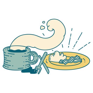 Geleneksel dövme stili kahvaltı ve kahvenin çizimi