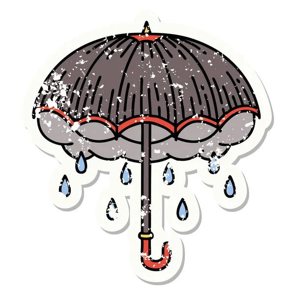 Distressed Sticker Tattoo Traditional Style Umbrella Storm Cloud — Stock Vector