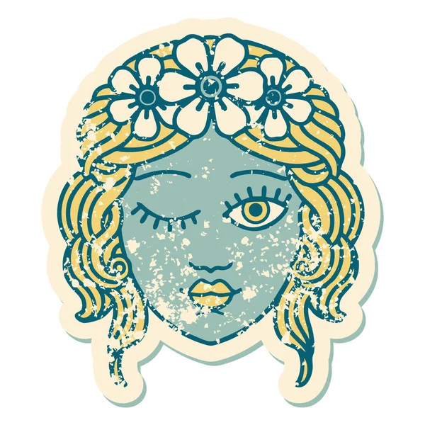 Iconic Distressed Sticker Tattoo Style Image Maidens Face Winking — Stock Vector