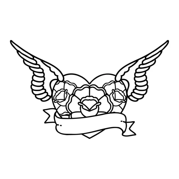 花や旗を持つ空飛ぶハートの黒い線型のタトゥー — ストックベクタ