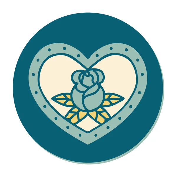 Pegatina Del Tatuaje Estilo Tradicional Del Corazón Las Flores — Vector de stock