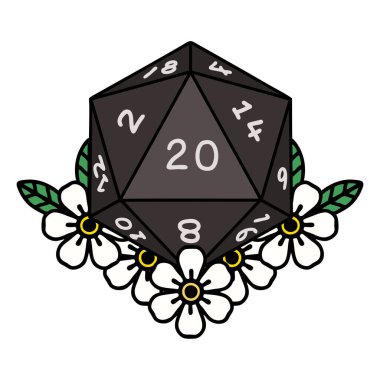 Retro Dövme Biçimi Doğal 20 D20 zarlar Çiçekli elementlerle yuvarlanır