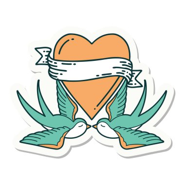 Geleneksel kırlangıç stili dövme çıkartması ve sancaklı bir kalp