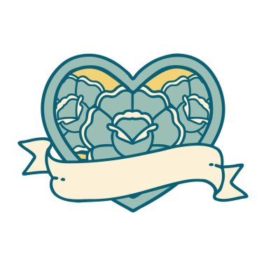 ikonik dövme stili bir kalp ve çiçekli pankart