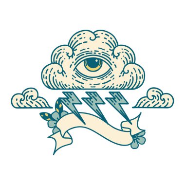 Her şeyi gören bir göz bulutunun bayrağıyla geleneksel dövme.