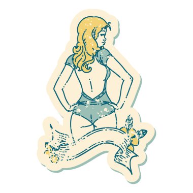 Geleneksel stil dövmeli stresli mayo kız dövmesi.