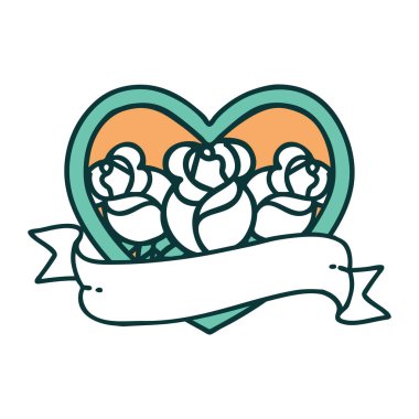 ikonik dövme stili bir kalp ve çiçekli pankart