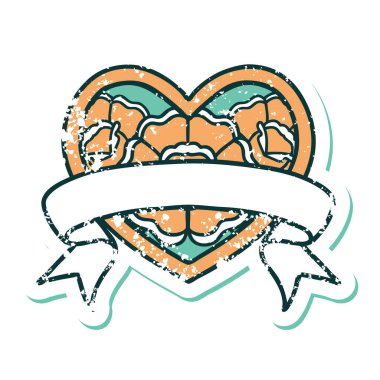 ikonik sıkıntılı dövme stili bir kalp ve çiçekli pankart