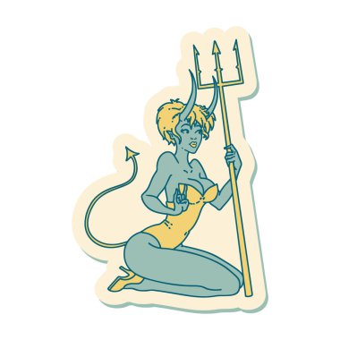 Geleneksel stil dövme çıkartması. Pinup şeytan kızı.