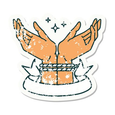 Bir çift eli bağlı bayrağı olan eski bir çıkartma.