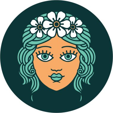 ikonik dövme stili çiçek taçlı kadın yüzü.