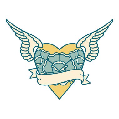 ikonik dövme stili kanatlı kalp görüntüsü çiçekler ve bayrak