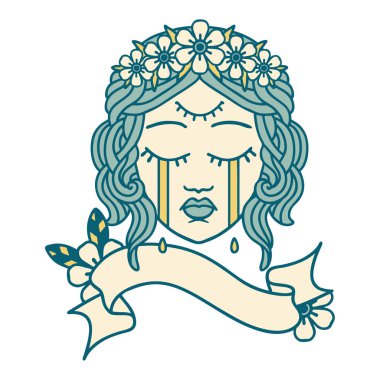 Geleneksel dövmeli, üçüncü gözlü bayrak ve çiçek tacıyla çember şeklinde.