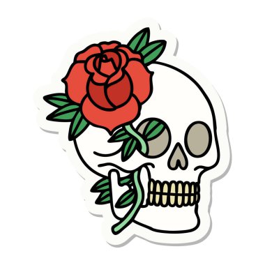 Geleneksel kafatası ve gül stili dövme çıkartması.