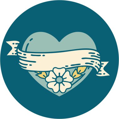 ikonik dövme stili bir kalp ve çiçekli pankart