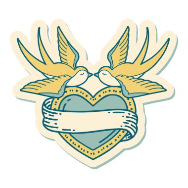 Geleneksel kırlangıç stili dövme çıkartması ve sancaklı bir kalp