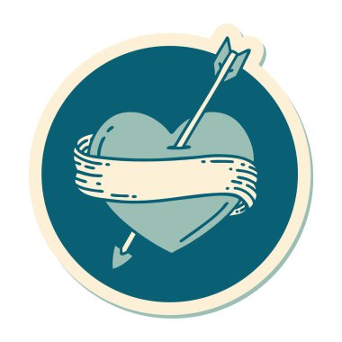 Oklu kalp ve pankartın geleneksel stiliyle dövme çıkartması