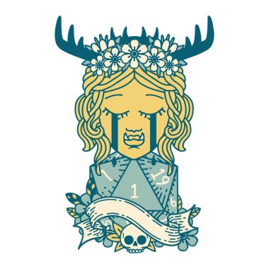 Retro Dövme Tarzı Ağlayan Ork Druid karakteri yüzü ve doğal bir D20 rulo