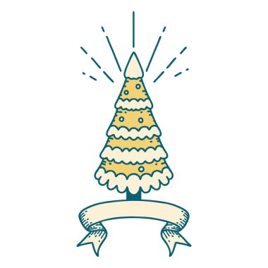 Dövme stili kar kaplı çam ağacının afişi.