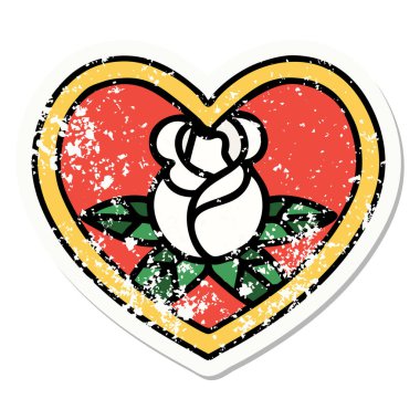 Geleneksel kalp ve çiçek stili dövmeli sıkıntılı etiket